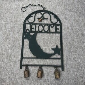 Celestial Welcome Sign Metal Moon Stars Hanging Wall Decor with Bells Rustic